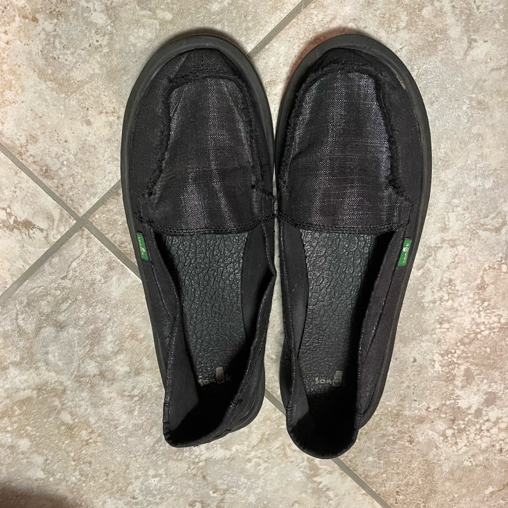 Sanuk slip on shoes. Metallic gray. Size 9.